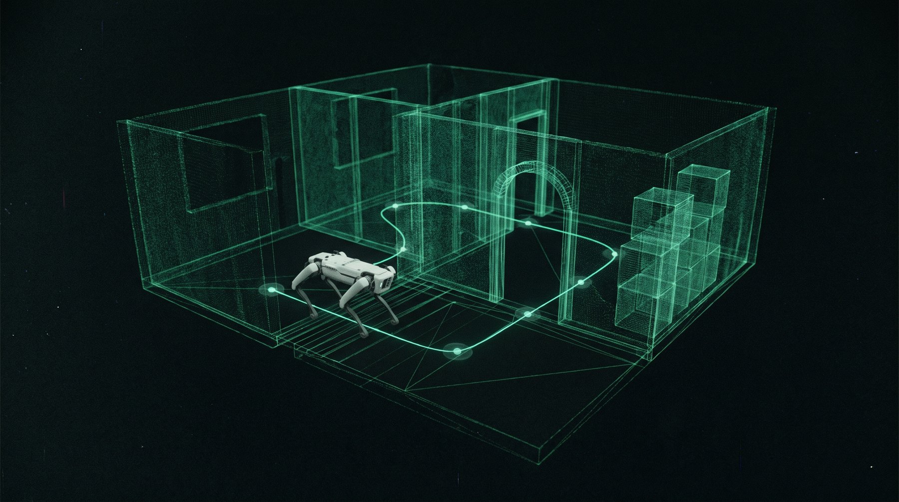 A ground robot inside a wireframe reconstruction of a building interior, with a planned route traced across the floor.