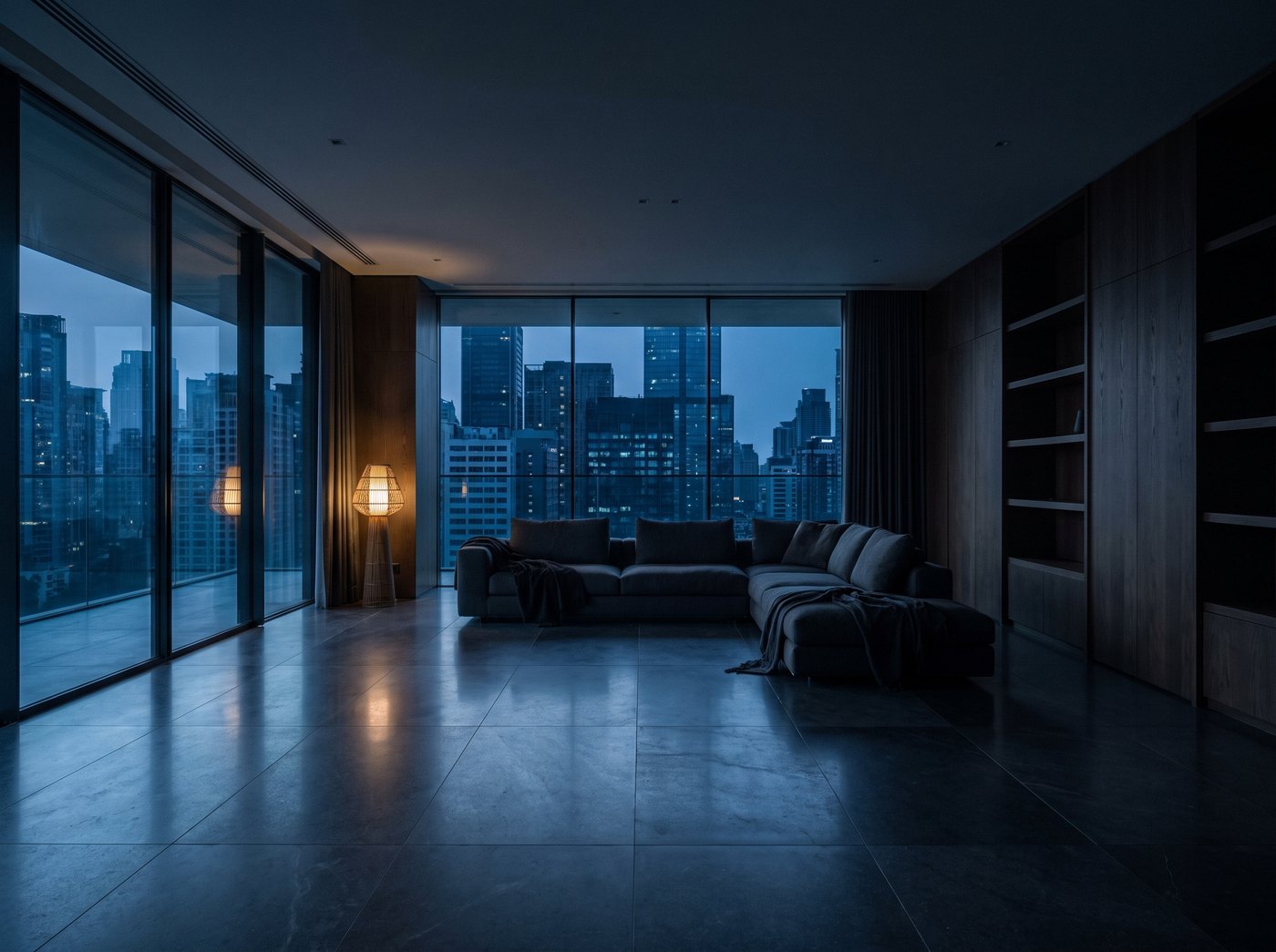 The finished interior, fully rendered and graded, warm light against a blue dusk city.