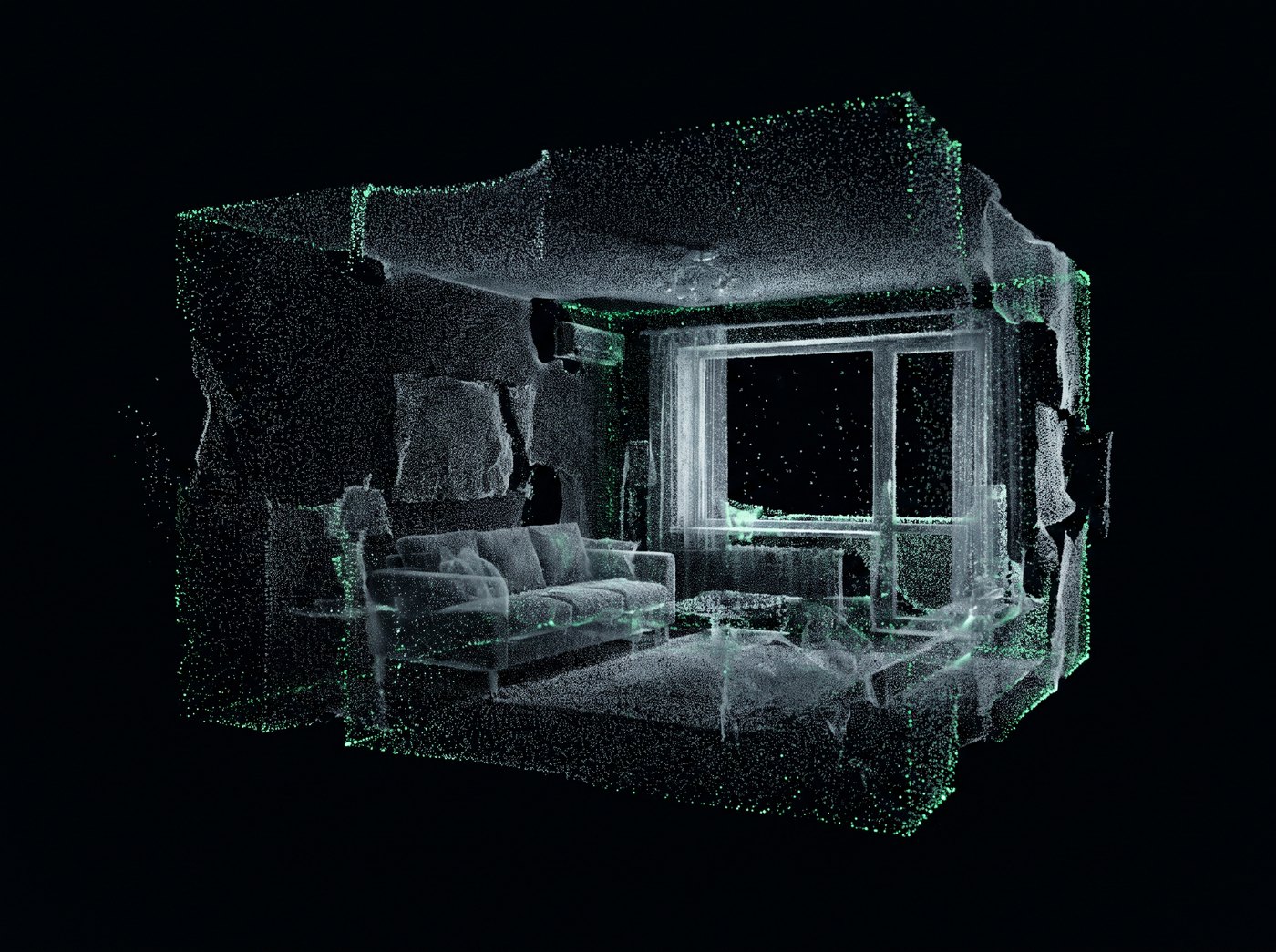 A point-cloud reconstruction of an apartment interior floating in black space.